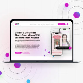 A laptop showing the homepage of the Brand Lens website, which features a smartphone screen with a video editing app.