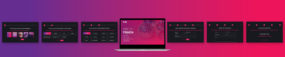 ONQ Live Entertainment booking process screens displaying event type selection, music genre options, artist choices, and contact form with a pink and purple gradient background.