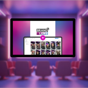 A movie screen displaying the Brand Lens logo and a video editor dashboard with multiple user-generated videos.