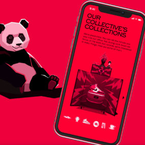 A smartphone with a red screen shows a section of a website with the title "Our Collective's Collections." An illustration of a shoe inside a cabinet is visible on the screen. A panda bear figurine is on the left side of the phone.