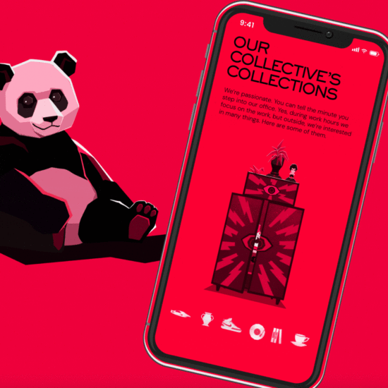 A GIF that shows a smartphone with a red screen that shows a section of a website with the title "Our Collective's Collections." An illustration of a shoe inside a cabinet is visible on the screen. A panda bear figurine is on the left side of the phone.