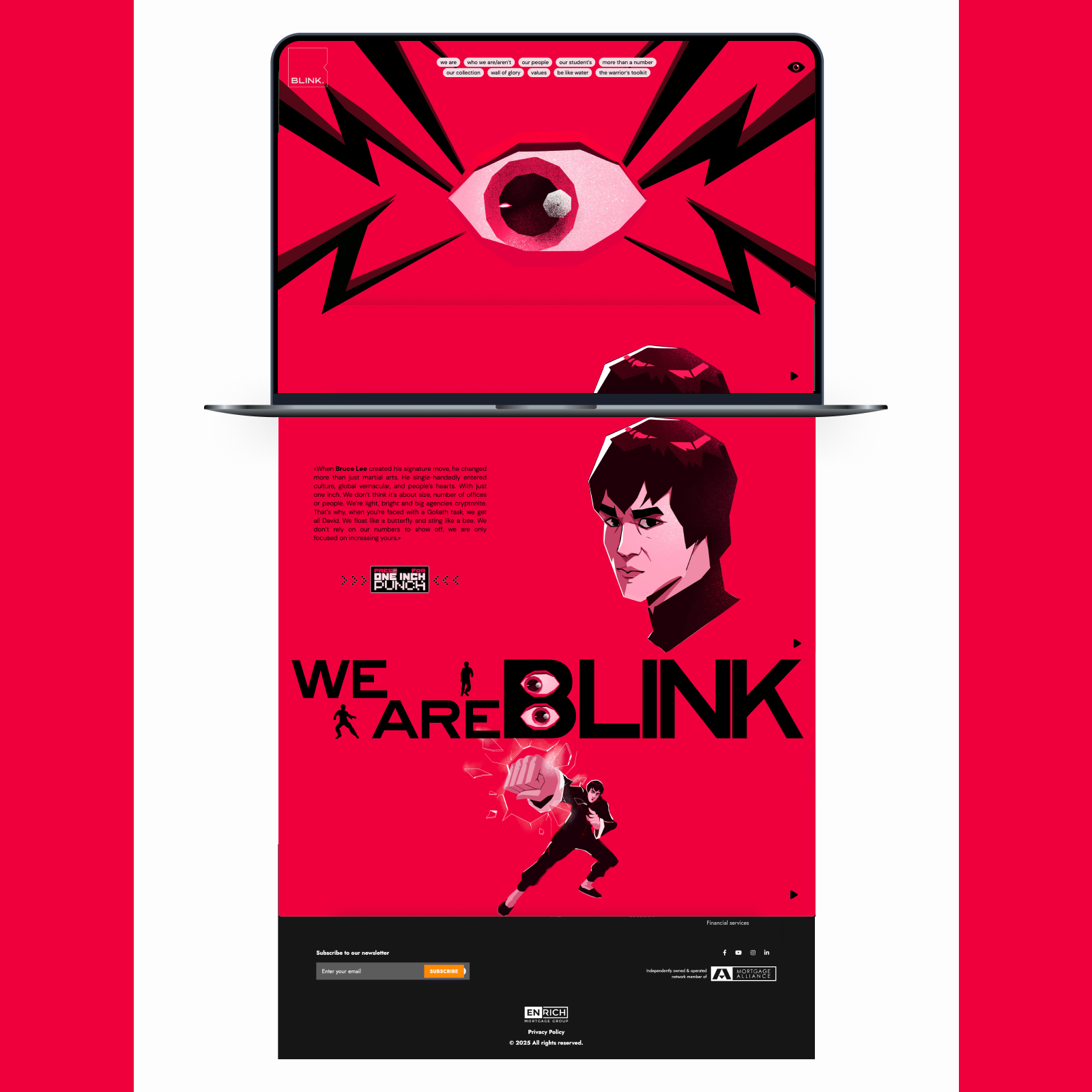 A laptop shows a website with a bold red and black design. A large eye illustration is at the top, and a stylized character is featured below, with the text "We Are Blink."