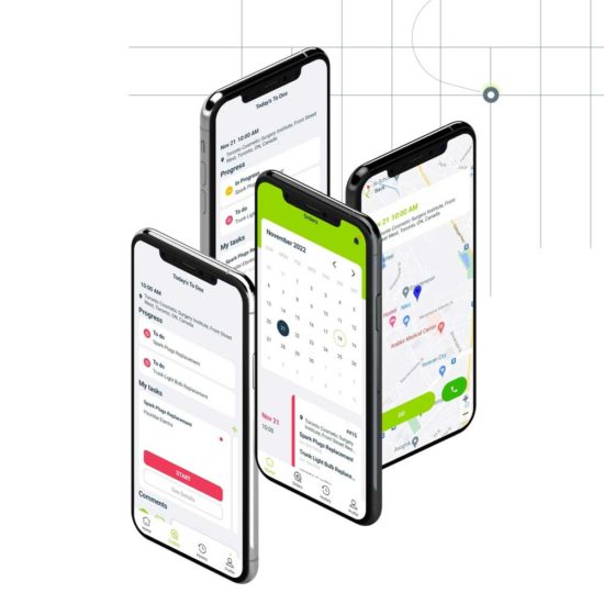 Four smartphones showing a mobile app's screens, including a calendar and a map.