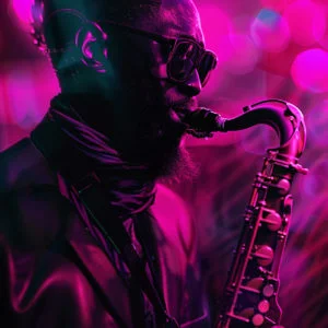 A close-up of a man playing a saxophone, lit by bright pink and purple neon lights.